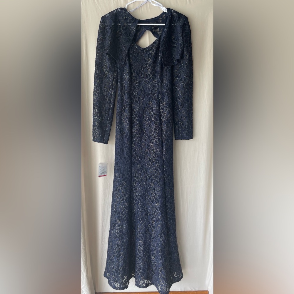 David's Bridal Midnight Blue Mermaid Long Sleeve Wedding Guest Mother Dress